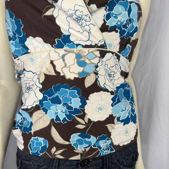 SO Y2K Brown Blue Floral Halter Top Women’s Size Large Retro 2000s Stretch Knit - Picture 4 of 12